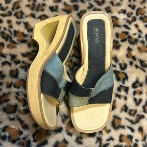 VINTAGE SPASH tan wood platform heel clogs blue patchwork denim size 9 women’s